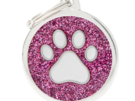 MyFamily Shine Collection Circle Glitter Tag Pink with Silver Paw For Sale